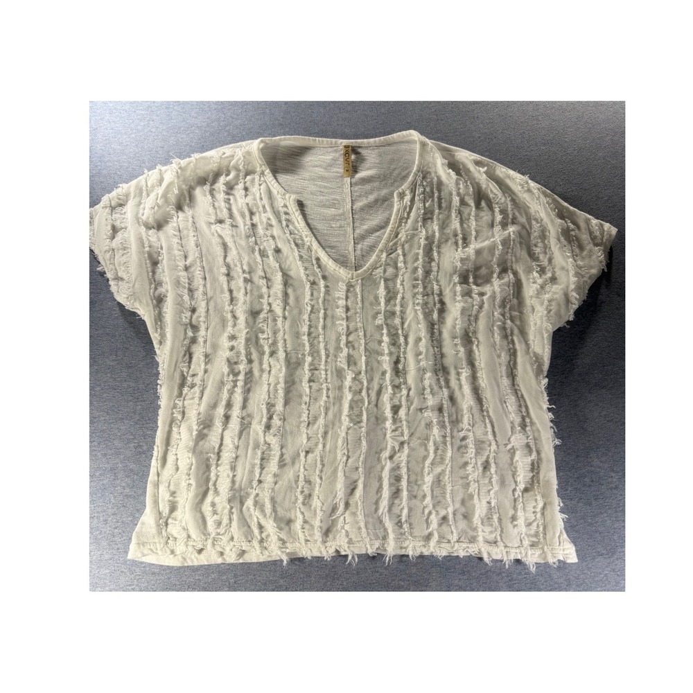 XCVI White Textured Fringed Short Sleeve V-Neck Top Style 14555PT Size Medium